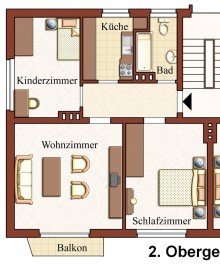 Grundriss 2.OG rechts 3 Zimmerwohnung mit Balkonaustritt im Bielefelder Osten