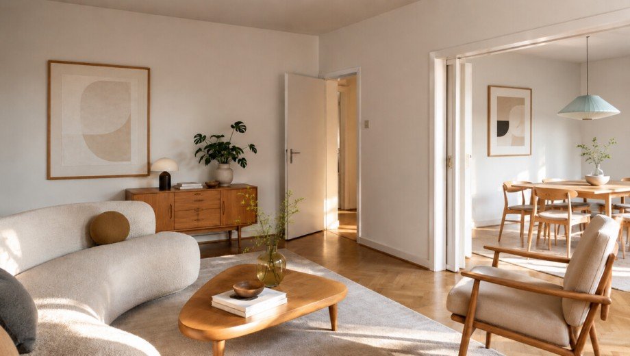Wohnzimmer - KI-visualisiertes Beispielbild Etagenwohnung Bielefeld